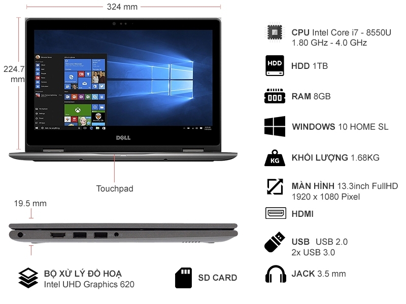 Laptop Dell N5379 ( Core I7-8550U, Ram 8GB, HDD 1TB, Touch )